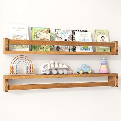 Fun Memories Nursery Book Shelves Set of 2, 32 Inch Solid Wood Wall Book Shelves, Kids Room Floating Shelves Organizer & Toy Storage, Dark Brown Nursery Decor