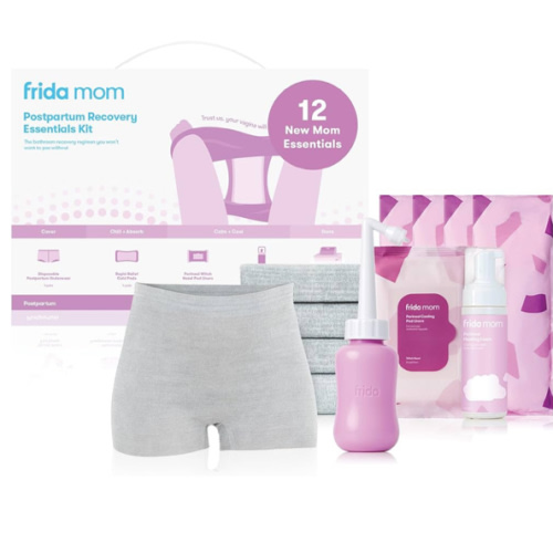 Frida Mom 11pc Postpartum Essentials Kit Gift Set, Hospital Bag Must Haves for New Mom, Includes 4 Disposable Postpartum Underwear, 4 Ice Maxi Pads, Perineal Healing Foam & 24 Pad Liners & Peri Bottle