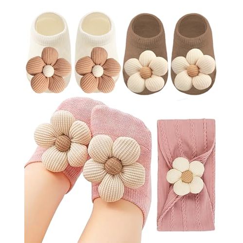 Baby Girl Ankle Socks Set with Headbands, Soft Non-Slip Socks for Newborn 0–6 Months, Flower & Bunny Cute Designs