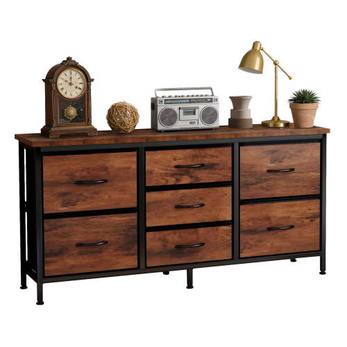 Dresser, Betcozy Storage Organizer with 7 Drawers for Bedroom, Chest of Drawers with Fabric Bins, Sturdy Metal Frame, Wood Tabletop for Guest Room, Closet, Entryway, Nursery, Rust