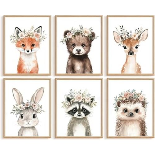 Woodland Animal Nursery Wall Art Decor Baby Girl Room Pictures Floral Crown Animal Canvas Wall Art Decor Safari Bear Fox Poster Floral Nursery Prints Artwork for Kids Bedroom 8x10x6 Inch Unframed
