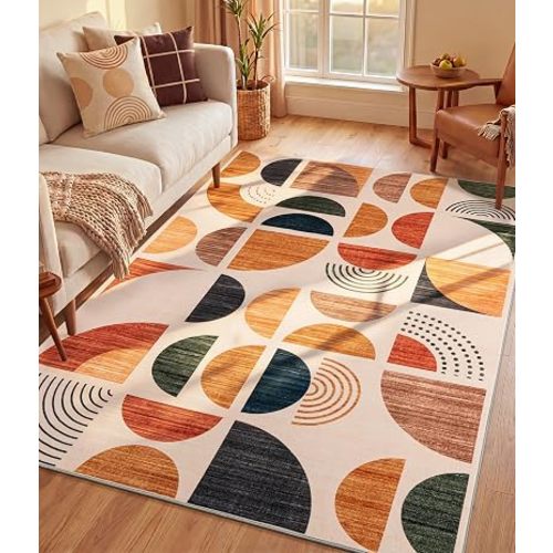YIHOUSE Boho Washable 5x7 Area Rugs for Living Room, Mid-Century Modern Rug for Bedroom Non Slip Minimalist, Bauhaus Throw Floor Carpet for Entryway Dining Room, Beige/Terracotta