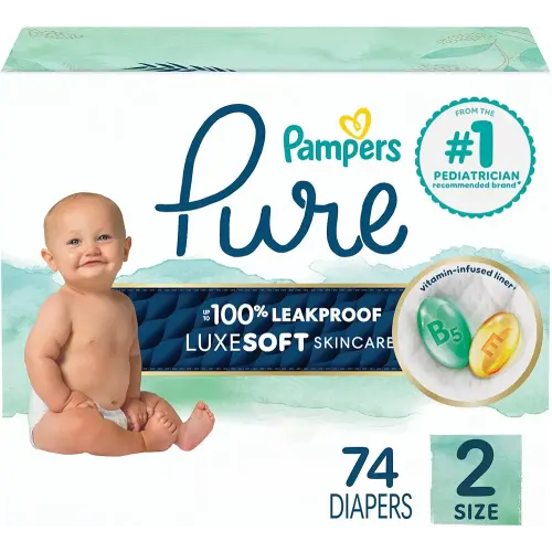 Pampers Baby Diapers - Pure Protection - Size 2, 74 Count, for up to 100% Leakproof, Premium Plant-based Skin Protection