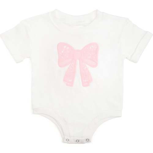 Lace Bow Puff Ink Short Sleeve Romper, White - Sweet Wink | Maisonette