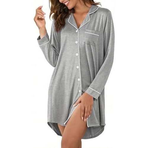 Women's Nightgown Short Sleeve Pajama Dress Soft Button Down Sleep Shirts Comfy Boyfriend Nightdress S-XXL