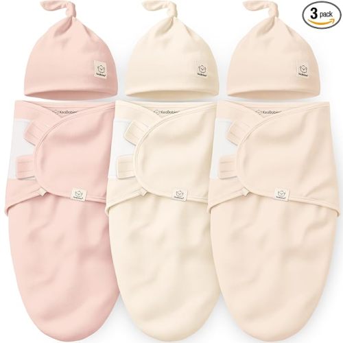 3pk Organic Swaddles for Newborns Girls, Boys & Hats (Angelic, 0-3M) | Soft Cotton Baby Sleep Sacks 0-3 Months, Breathable Baby Hats and Swaddles 0-3 Months, Newborn Essentials Must Haves