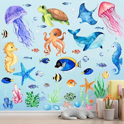 Ocean Fish Wall Decals Stickers,Ocean Wall Decal Stickers Sticker PVC Self-Adhesive Peel and Stick for Bedroom Home Nursery Bathroom Decorations