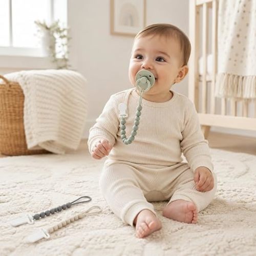 6 Pack Neutral Silicone Pacifier Clips, Neutral Baby Pacifier Holder Set