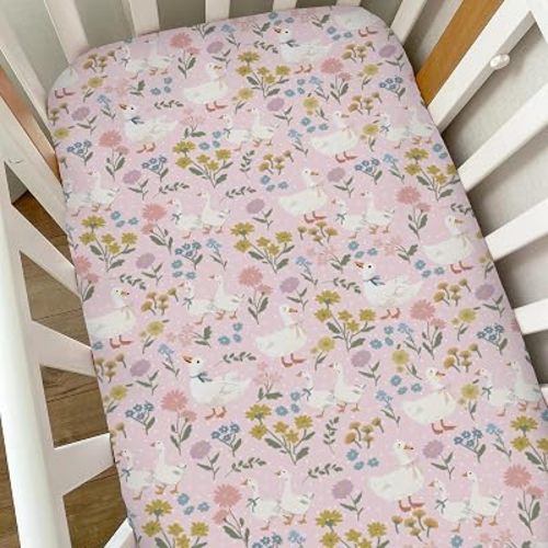 Spring Whimsical Floral Geese Baby Crib Sheets for Boy Girl Cute Duck Bows Flowers Soft Snug Fitted Crib Mattress Covers 52''x28'' Standard Crib & Toddler Mattress Pastel Farm Animal Bed Sheets Pink