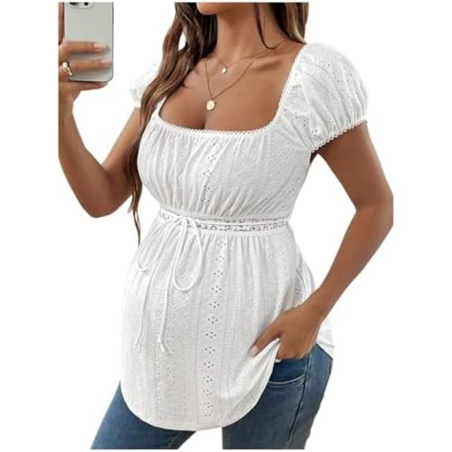 MakeMeChic Women's Maternity Clothes Square Neck Short Sleeve Eyelet Embroidery Pregnancy Summer Tops