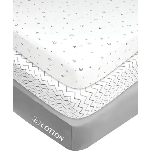 American Baby Company 3 Pack 100% Natural Cotton Fitted Mini Crib Sheets 38" x 24" - Soft & Breathable Small Nesting Portable Sheets, Fits Pack N Play Mattresses, Gray Star/Zigzag, for Boys & Girls