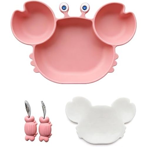 Crab-Shaped Meal Tray with Suction Base & Lid - 7.4"x7.4"x1.5"Adult Bento Box, Food-Grade Silicone, 3-Compartment Plate with Spoon & Fork for Office, Picnic, Party (Blush Pink)