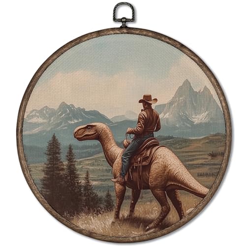 GWFSJYU Vintage Western Cowboy Dinosaur Framed Wall Art Decor, Southwestern Landscape Round Canvas Prints Wall Art, Retro Cowboy Dinosaur Hanging Decor for Bathroom Bedroom Living Room, 10"x10"