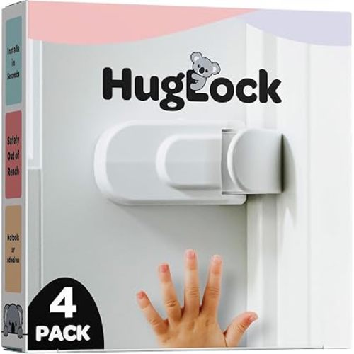 Huglock - The Snap-On Door Lock Kids Can't Reach or Defeat - No Tools or Adhesives Required - Works With Door Knob, Lever or Handle - Childproof Safety Locks are Toddler, Baby and Child Proof (4 Pack)