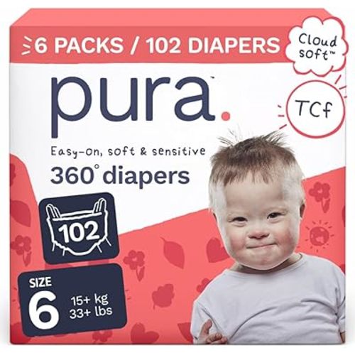 Pura 360° Diaper Pants Size 6 (33+lbs) 102x Stretchy Night Time Pull Ups, 12 Hour Overnight Leak Protection, Soft Cotton, Organic Baby & Toddler Disposable Diapers, Hypoallergenic for Sensitive Skin