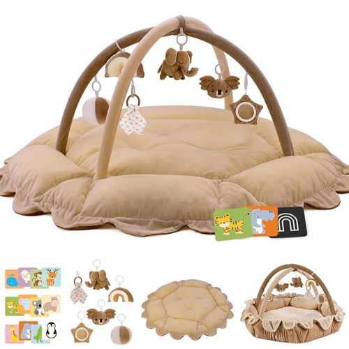 5-in-1 Baby Activity Gym & Play Mat with 6 Hanging Toys, Tummy Time Mat & Cards - Extra Large, Reversible Machine Washable Pad - Gift for Newborns, Infants 0-12 Months, Brown