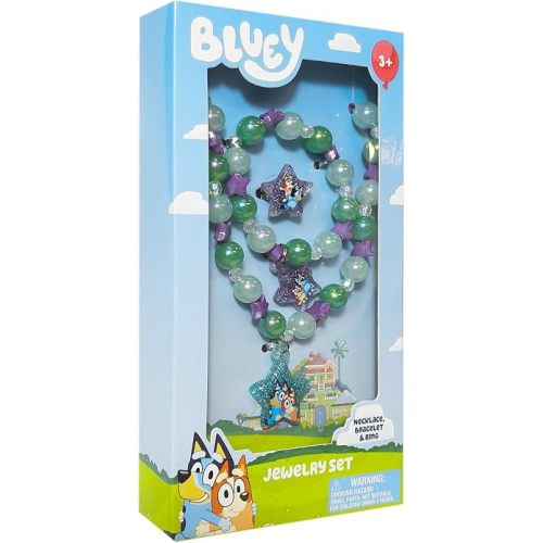 LUV HER Bluey Girl's Jewelry Set - Dress up Toy Jewelry Box Set with Bead Necklace, Bracelet and Ring - Play Accessories - Ages 3+