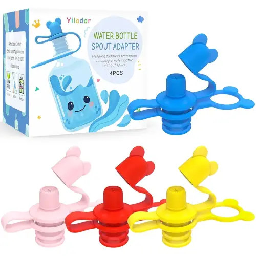 Silicone Water Bottle Cap for Toddlers, 28mm No Spill Top Spout, Kids Travel Essentials - Help Toddler Baby Transition Bottles, BPA Free, Leakproof, Reusable (Red, Blue, Pink, Yellow)