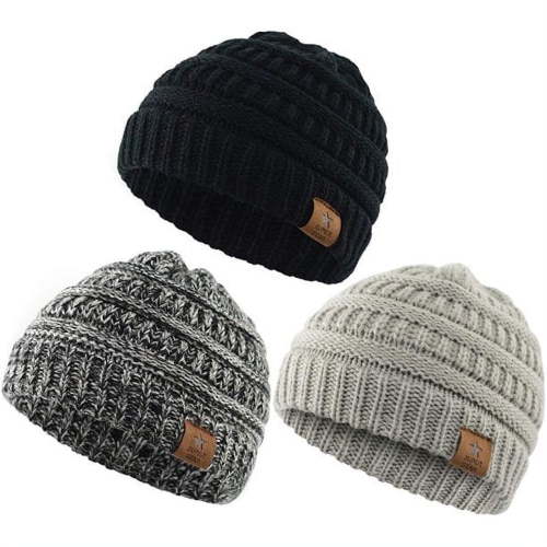 American Trends Warm Baby Knit Hat Cute Cozy Chunky Winter Cap Infant Toddler Baby Beanies for Boys Girls 3 Pack Black & Light Grey & Black White