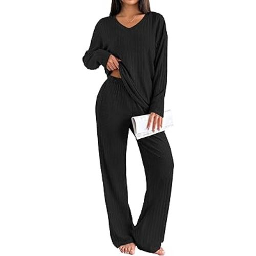 Ekouaer Lounge Sets for Women Long Sleeve Knit Ribbed Pajama Sets 2 Piece Casual Loungewear with Pockets