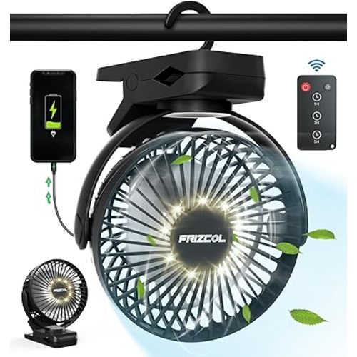 Portable Clip on Fan 65 Working Hours, Camping Fans with LED Lights & Hook, 12000 Capacity Battery Operated Fan with Clamp, USB Rechargeable for Desk, Tent, Treadmill, Stroller, Golf Cart, Home