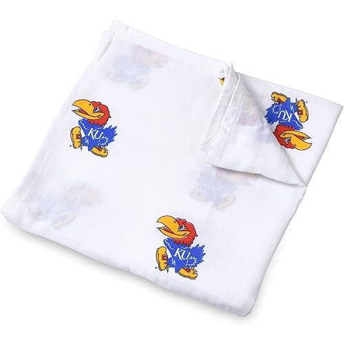 Three Little Anchors University of Kansas Muslin Swaddle Blanket – Officially Licensed Jayhawks Baby Swaddle | Ultra-Soft 47” x 47” Cotton Muslin | Newborn Blanket | KU Infant Gift
