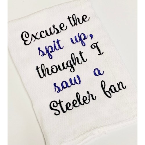 Excuse the spit up, thought i saw a Steeler fan burp cloth Baltimore Ravens fan gift