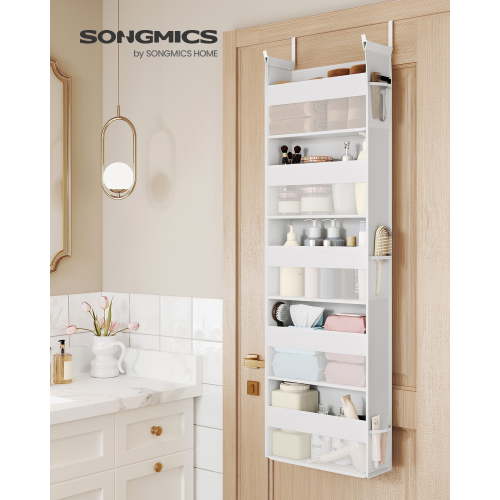 Over The Door Organizer with 5 Pockets, 5-Tier Hanging Storage with Transparent Mesh & Side Pouches, Metal Hooks for Pantry Bathroom Bedroom, Cloud White