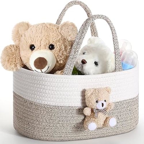 FoldTier Bear Diaper Caddy Organizer Cart Storage for Nursery with Handle, Bear Baby Shower Basket Gift Bath Caddy for Diapers and Baby Wipes, Basket for Nursery(Gray White)