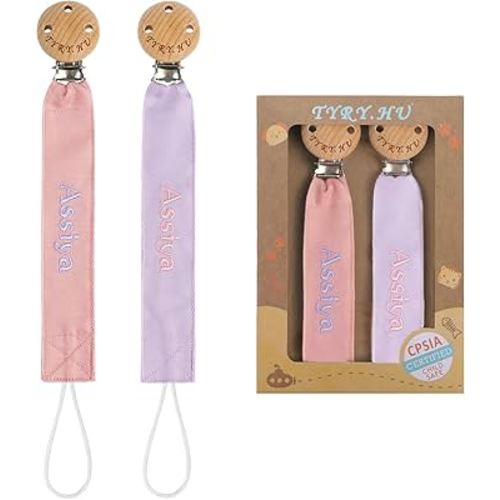 TYRY.HU Personalized Pacifier Clip with Name, Embroidery Pacifier Holder for Baby Girls and Boys, Neutral Binky Clips Universally Fit All Pacifiers & Baby Toys, Baby Gift, 2 Pack(Pink,Purple)