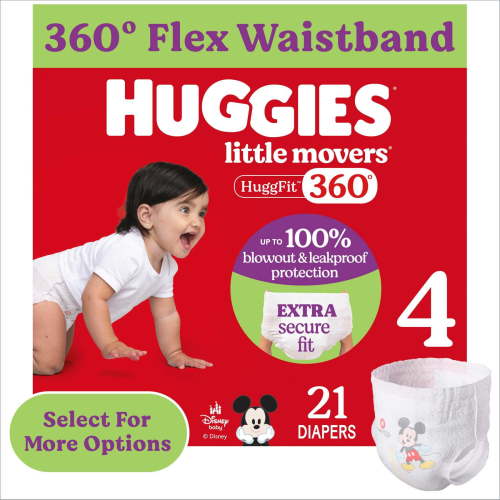 Huggies Little Movers HuggFit 360° Baby Diapers with 360° Waistband, Size 4 (22-37 lbs), 21 Count (Select for More)