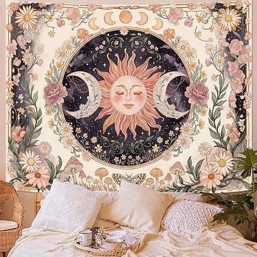 Neasow Sun Moon Daisy Tapestry, Boho Pink Moon Phase Floral Wall Art, Aesthetic Hippie Celestial Decor for Bedroom Living Room Home, 60×80 inches