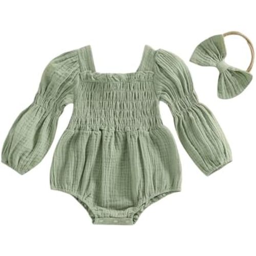 Smocked Baby Girl Clothes Newborn Bubble Romper Solid Linen Long Sleeve Onesie and Headband Cute Photography Outfits