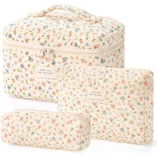 HBselect Quilted Makeup Bag, 3PCS Cotton Large Travel Makeup Bag, Cute Floral Coquette Make up Bag Cosmetic Bag Toiletry Bag for Women Girls