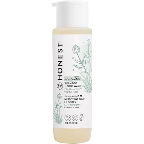 The Honest Company 2-in-1 Cleansing Shampoo and Body Wash for Sensitive Skin, Gentle Tear-Free, Hypoallergenic with Naturally Derived Ingredients, Fragrance-Free, 18 fl oz