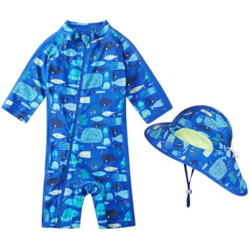 Baby Boy Swimsuit Rash Guard Toddler Sun Protection Swimwear Infant One Piece Bathing Suit with Sun Hat