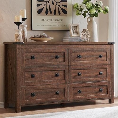 T4TREAM 54" Wide Farmhouse 6-Drawer Dresser for Bedroom, Reclaimed Barnwood