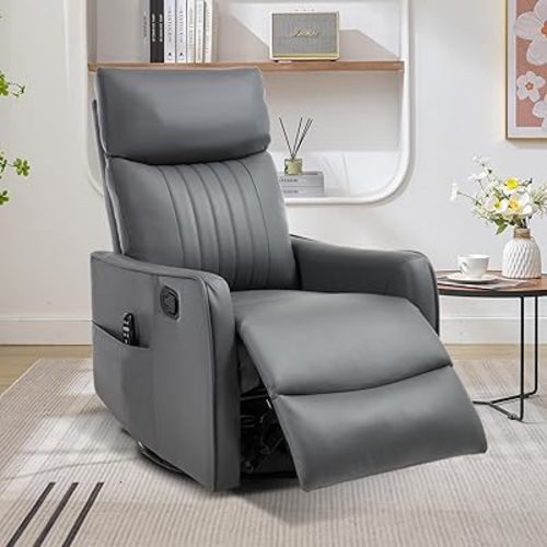 Swivel Rocker Recliner Chair, 360° Swivel Recliner with Heat and Massage, Rocker Recliner Nursery Glider Chair with Side Pockets for Living Room (Grey, Faux Leather)
