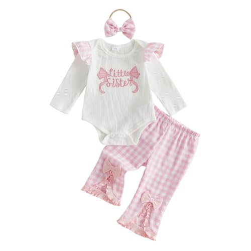 PUHHAPIEY Daddys Girl Baby Clothes Onesie Romper Pant Fall winter Outfit | 0 3 6 9 12 Month Girl, Long Sleeve Letter Embroidery Onesie + Bow Pant + Headband, 3pcs Fall Winter Outfit, Cute and Comfy