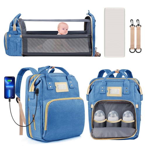 Diaper Bag Backpack, Multifunctional Baby Changing Bag with Foldable Crib & Insulated Milk Bottle Pocket, Large Capacity Travel Backpack with USB Charging Port & Stroller Strap (Blue)