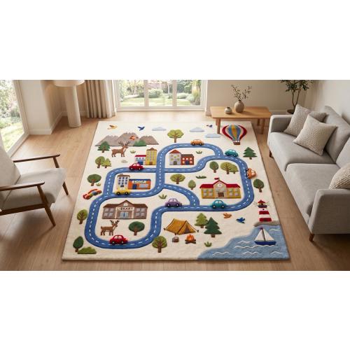 Hand Tufted Road Play Rug, City Map Carpet, Montessori Toddler Room Decor