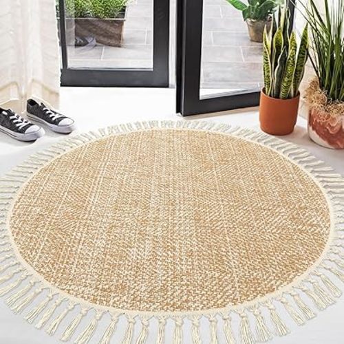 Collive Hand Woven Circle Area Rug, Soft Hand Woven Cotton Washable Carpet