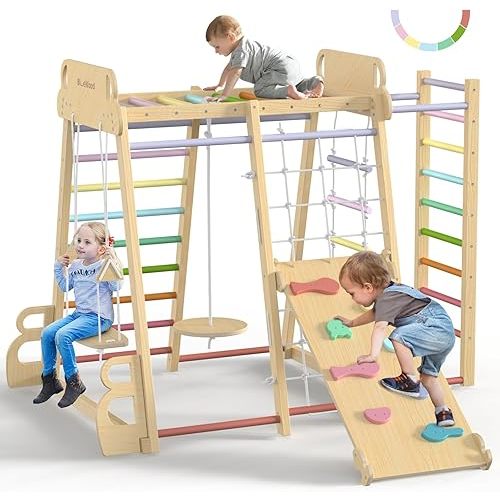 Upgraded Indoor Playground 9-in-1 Jungle Gym Kids Climbing Toys, Montessori Philosophy Waldorf Style Wooden Climber Playset with Slide, Swing, Monkey Bars, Upright/Rope Ladder, Climb Net, Rainbow