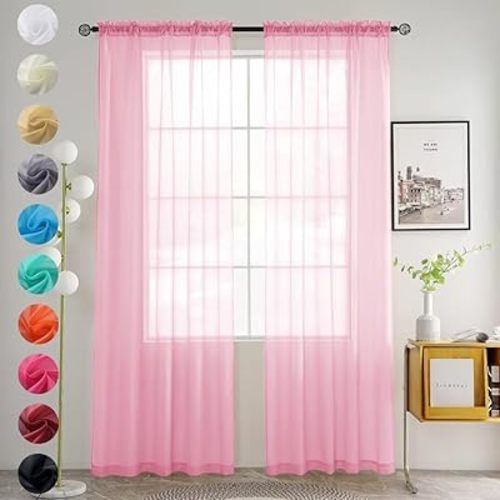 youleyar Solid Sheer Rod Pocket Curtain Voile Draperies 2 Panels White Beige Black Grey Coffee 52 Inch Width 84 Inch Long 1 Pair for Kitchen Bedroom Children Living Room Yard(Light Pink,52Wx84L)