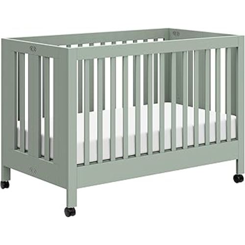 Babyletto Maki 2-in-1 Portable Folding Crib with Toddler Bed Conversion Kit in Light Sage, Greenguard Gold Certified