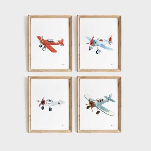 Vintage Airplane Nursery Wall Art Set, Kids Plane Prints, Aviation Nursery Decor, Airplane Poster Set of 4