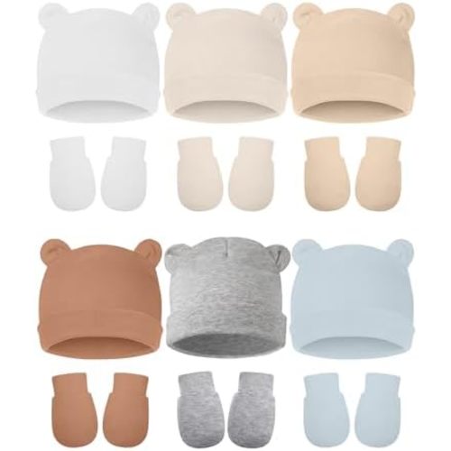 Geyoga 12 Pieces Newborn Hat Mittens Gloves Set Baby Boys Girls Cotton Baby Beanie for 0-12 Months