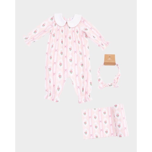 Girl's Ogee Lace Floral Smocked Romper, Headband & Blanket Set, Size 0M-24M