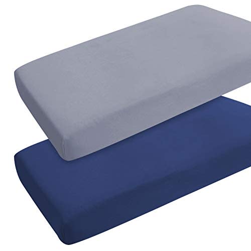 Pack and Play Sheets Boy Girl, 2 Pack Mini Crib Sheets, Grey & Navy | Portable Playard Sheet Fits for Graco Pack N Play, Snug Fit, Breathable Soft Fitted Playpen Sheet