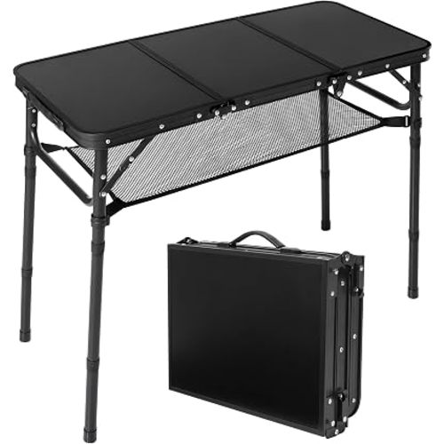 Folding Camping Table with Storage Net,3ft Portable Aluminum Folding Table with 3 Adjustable Height Max 27.3 Inch for Outdoor Backyard BBQ Picnic Cooking Tents Beach Indoor Bedroom（Black）